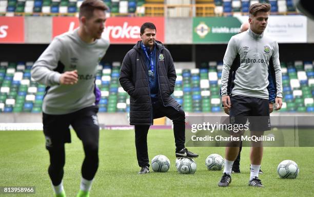 Linfield manager David Healy watches over a training session at Windsor park on July 13, 2017 in Belfast, Northern Ireland. Linfield play Celtic in a...