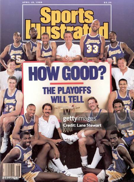 April 19, 1988 Sports Illustrated via Getty Images Cover, Basketball: Portrait of Los Angeles Lakers Billy Thompson , James Worthy , Milt Wagner ,...