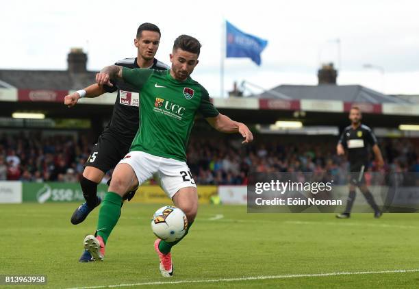 Cork , Ireland - 13 July 2017; Sean Maguire of Cork City in action against Daniel Mojsov of AEK Larnaca during the UEFA Europa League Second...