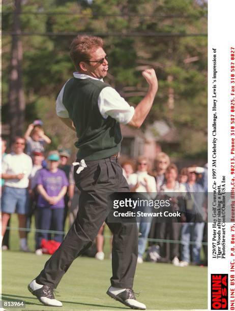 Peter Hay Golf Course,Ca-at teh 3M Celebrity Challenge.Huey Lewis 's Impression of Tiger Wood after he sinks a putt.