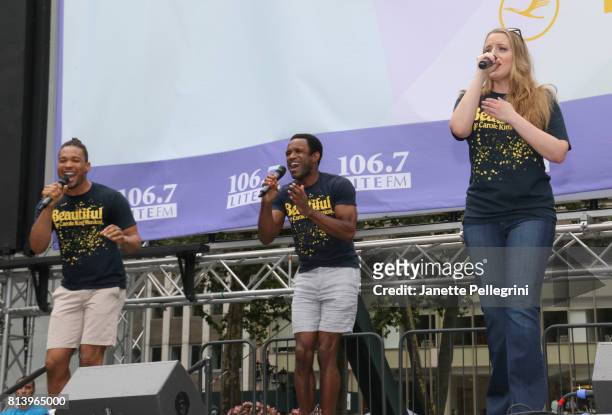 Paris Nix, Alan Wiggins and Abby Mueller from the cast of Beautiful perform at 106.7 Lite FM's Broadway In Bryant Park 2017 at Bryant Park on July...