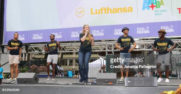 Paris Nix, Alan Wiggins, Abby Mueller, Nicholas Ryan and Sidney DuPont from the cast of Beautiful perform at 106.7 Lite FM's Broadway In Bryant Park...