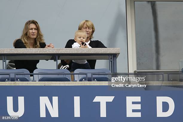 Tennis: US Open, View of wife Steffi Graf and son Jaden of USA Andre Agassi in stands during Finals match vs USA Pete Sampras at National Tennis...