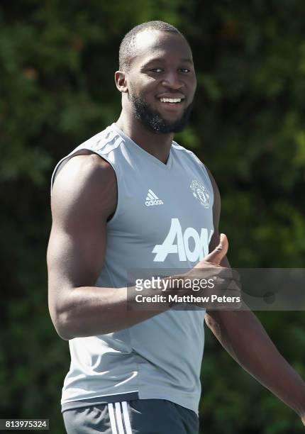 Romelu Lukaku of Manchester United walks out ahead of a first team training session as part of their pre-season tour of the USA at UCLA on July 13,...