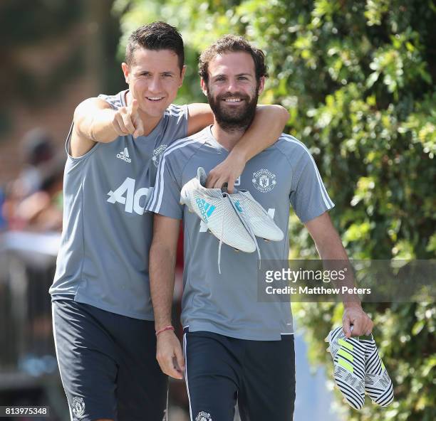 Ander Herrera and Juan Mata of Manchester United walk out ahead of a first team training session as part of their pre-season tour of the USA at UCLA...