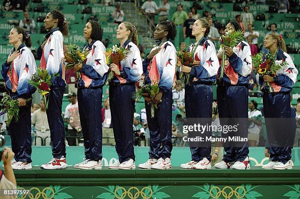 Basketball: 1996 Summer Olympics, USA Jennifer Azzi, Lisa Leslie, Carla McGhee, Katy Steding, Katrina McClain, Rebecca Lobo, Venus Lacey, and Nikki...