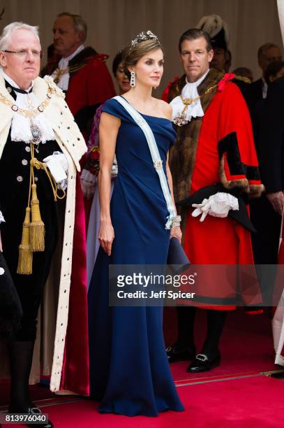 Queen Letizia of Spain attends the Lord Mayor's Banquet at the Guildhall during a State visit by the King and Queen of Spain on July 13, 2017 in...