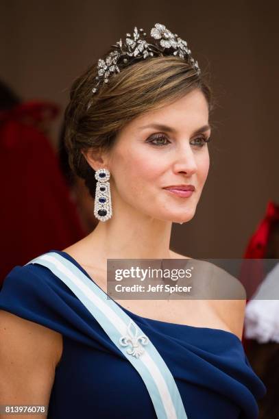 Queen Letizia of Spain attends the Lord Mayor's Banquet at the Guildhall during a State visit by the King and Queen of Spain on July 13, 2017 in...