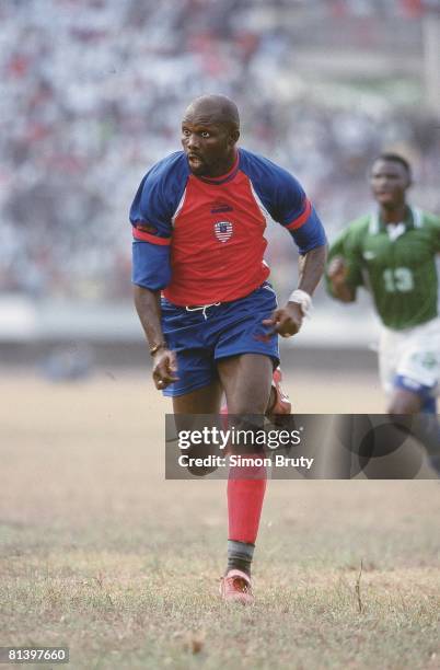 Soccer: World Cup Qualifying, LIB George Weah in action vs Sierra Leone, Monrovia, Liberia 2/24/2001