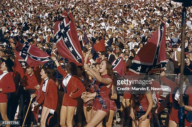 Coll, Football: Cotton Bowl, Cheerleaders with confederate flag during TCU vs Mississippi game, Dallas, TX 1/1/1956