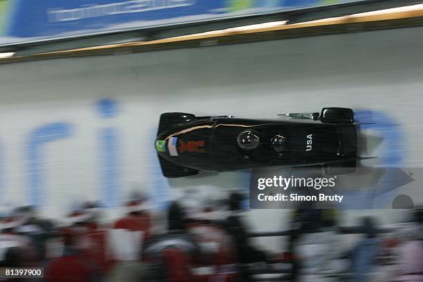 Bobsleigh: 2006 Winter Olympics, USA Todd Hays and Pavle Jovanovic in action during Two Man Heat 4 at Cesana Pariol, Cesana, Italy 2/19/2006