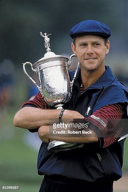 Golf: US Open, Closeup of Payne Stewart victorious with trophy after Sunday play at Pinehurst Resort, Pinehurst, NC 6/20/1999