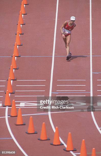 Track & Field: 1984 Summer Olympics, CHE Gabriela Andersen-Schiess in action, walking to finish line with dehydration injury during marathon race,...