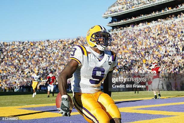 Coll, Football: Louisiana State's Devery Henderson in action, scoring TD vs Arkansas, Baton Rouge, LA