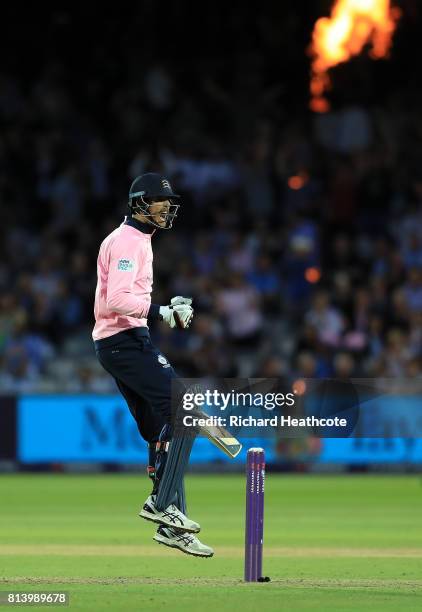 Steven Finn of Middlesex celebrates hitting the winning runs during the NatWest T20 Blast match between Middlesex and Surrey at Lord's Cricket Ground...