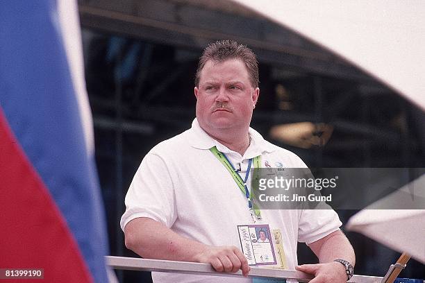 Terrorist Bombing: 1996 Summer Olympics, Closeup of security guard Richard Jewell during reopening of Centennial Olympic Park after bomb explosion,...