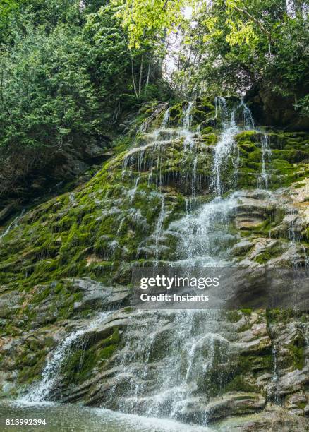 seventeen meter (55.77 feet) waterfall, called la chute, in forillon one of canada's famous national parks, situated near gaspé quebec. - forillon national park stock pictures, royalty-free photos & images
