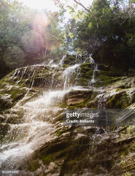 seventeen meter (55.77 feet) waterfall, called la chute, in forillon one of canada's famous national parks, situated near gaspé quebec. - forillon national park stock pictures, royalty-free photos & images