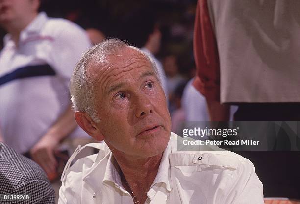Basketball: NBA Finals, Closeup of celebrity Tonight Show host Johnny Carson on sidelines during Boston Celtics vs Los Angeles Lakers game,...