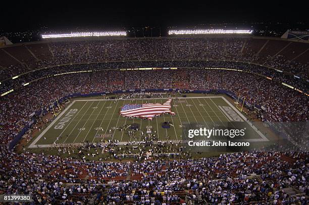 Football: Saints Home Opener After Hurricane Katrina, Aerial view of USA flag on field of Giants Stadium before New Orleans Saints vs New York Giants...