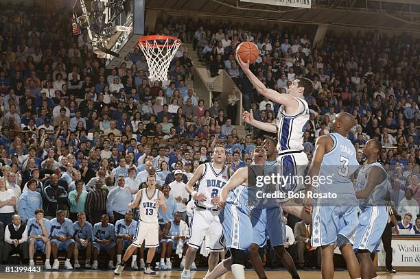 College Basketball: Duke J,J, Redick in action, taking layup vs North Carolina, Durham, NC 3/4/2006