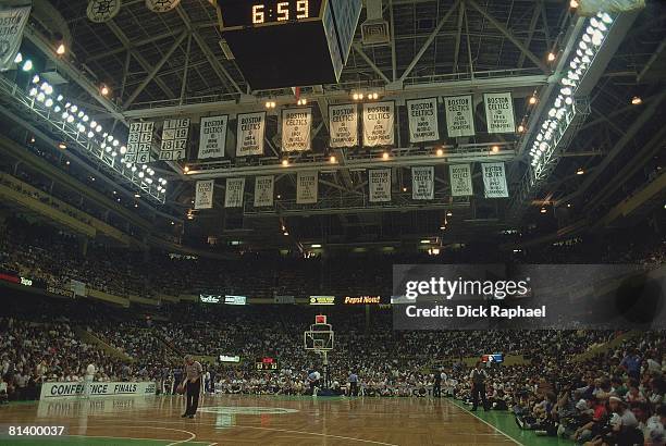 Basketball: playoffs, View of banners at Boston Garden, stadium before Boston Celtics vs Detroit Pistons game, Boston, MA 5/21/1987