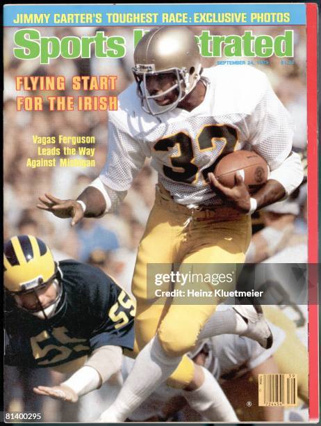 September 24, 1979 Sports Illustrated via Getty Images Cover, College Football: Notre Dame Vagas Ferguson in action, rushing vs Michigan, Ann Arbor,...