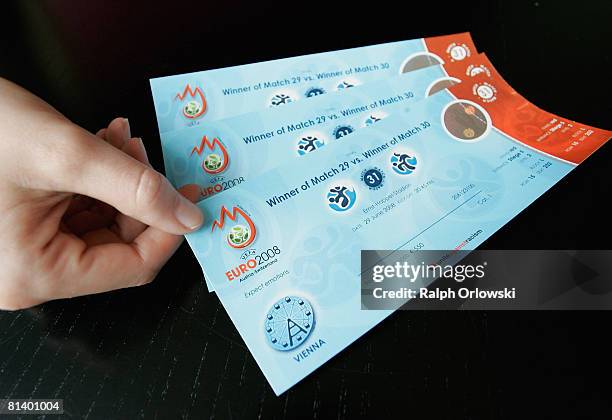 Tickets for the final of the Euro 2008 are pictured on June 3, 2008 in Frankfurt, Germany. Germany will play in Group B with Austria, Croatia and...