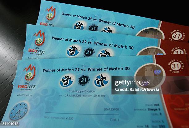 Tickets for the final of the Euro 2008 are pictured on June 3, 2008 in Frankfurt, Germany. Germany will play in Group B with Austria, Croatia and...