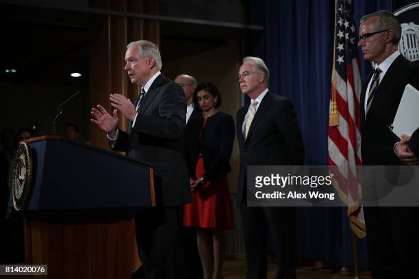 Attorney General Jeff Sessions speaks as Center for Medicare and Medicaid Services Administrator Seema Verma, Health and Human Services Secretary Tom...