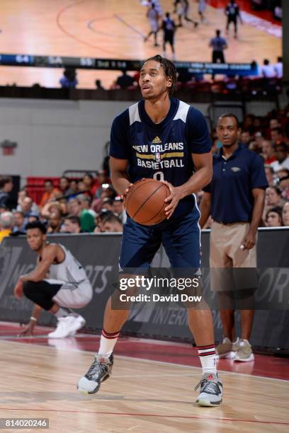 Isaiah Cousins of the New Orleans Pelicans looks to shoot the ball against the San Antonio Spurs during the 2017 Las Vegas Summer League game on July...