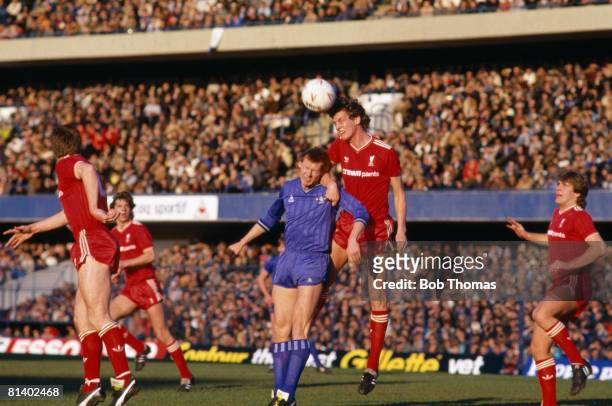 Liverpool defender Gary Gillespie beats Chelsea's Doug Rougvie in the air during their FA Cup 4th round match at Stamford Bridge in January 1986....