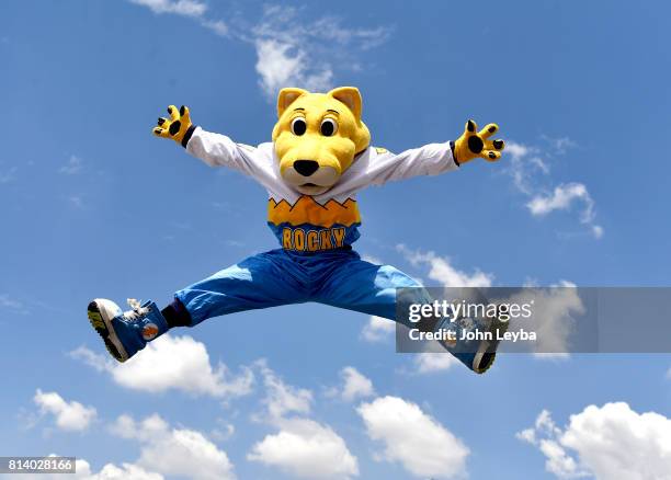 Denver Nuggets macot Rocky jumps for joy as the Nuggets officially announced the signing of Paul Millsap on July 13, 2017 at a press conference at...