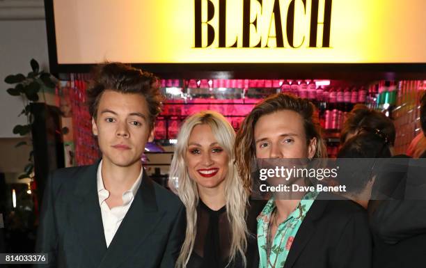 Harry Styles, Lou Teasdale and Dougie Poynter attend the launch of Bleach London's new makeup and hair collections on July 13, 2017 in London,...