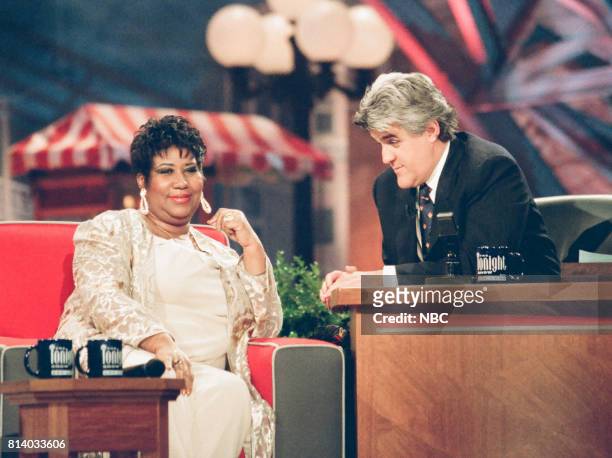 Pictured: Musician Aretha Franklin during an interview with host Jay Leno on May 5, 1998 --
