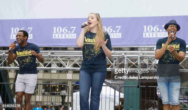 Alan Wiggins, Abby Mueller and Nicholas Ryan perform during the 106.7 Lite FM's Broadway in Bryant Park at Bryant Park on July 13, 2017 in New York...