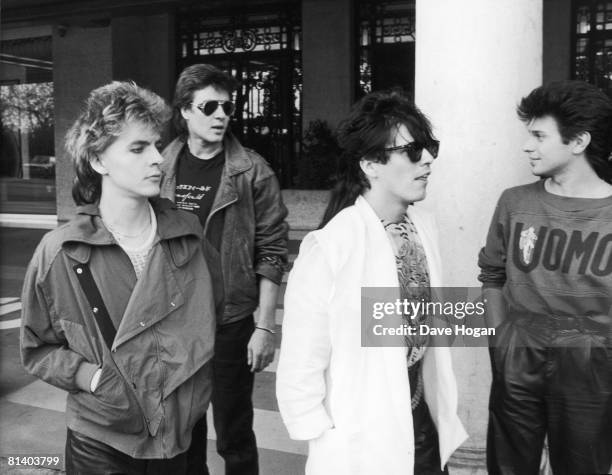 Members of English new romantic pop group Duran Duran, circa 1985. Left to right: Nick Rhodes, Simon Le Bon, Andy Taylor and Roger Taylor.