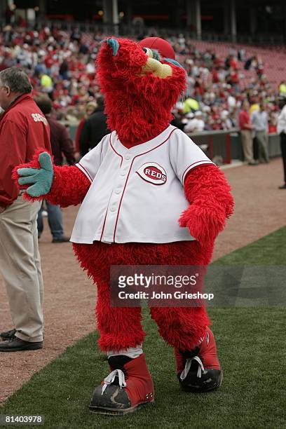 Cincinnati Reds mascot Gapper entertains fans before the game between the Cincinnati Reds and the Milwaukee Brewers at Great American Ball Park in...