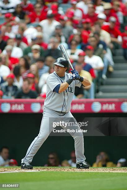 Jose Vidro of the Seattle Mariners bats during the game against the Los Angeles Angels of Anaheim at Angel Stadium in Anaheim, California on April...