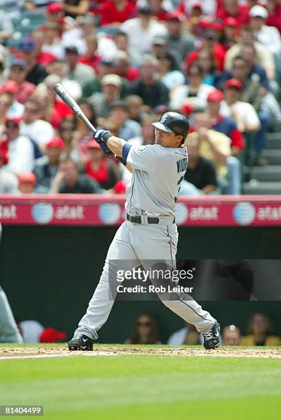 Jose Vidro of the Seattle Mariners swings during the game against the Los Angeles Angels of Anaheim at Angel Stadium in Anaheim, California on April...
