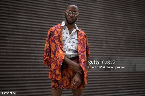 Paris Warren is seen attending General Idea & Raun LaRose during Men's New York Fashion Week wearing vintage a outfit with Nike shoes on July 13,...