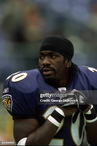 Defensive back Ed Reed of the Baltimore Ravens looks on from the field before a game against the Jacksonville Jaguars at Ravens Stadium on October...