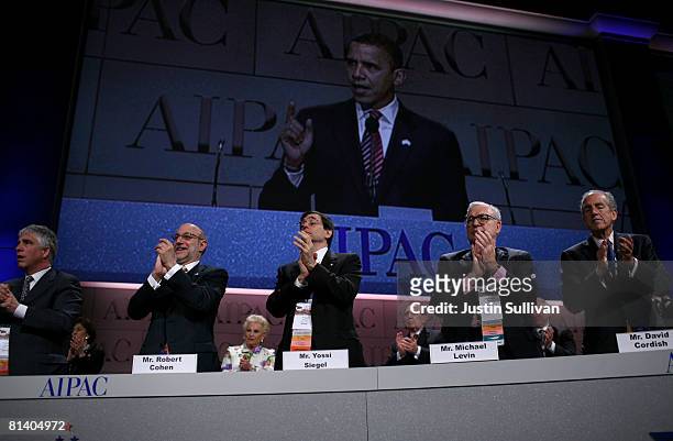 Democratic U.S. Presidential candidate Sen. Barack Obama is seen speaking on a video projection during the 2008 American Israel Public Affairs...