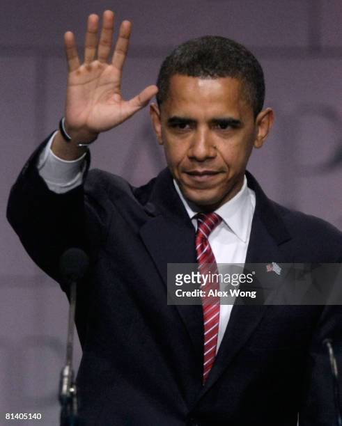 Democratic U.S. Presidential candidate Sen. Barack Obama waves after he addressed the 2008 American Israel Public Affairs Committee Policy Conference...