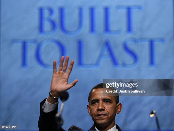 Democratic U.S. Presidential candidate Sen. Barack Obama waves after speaking at the 2008 American Israel Public Affairs Committee Policy Conference...