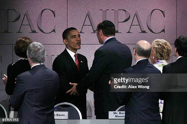 Democratic U.S. Presidential candidate Sen. Barack Obama shakes hands with senior AIPAC officials after he addressed the 2008 American Israel Public...