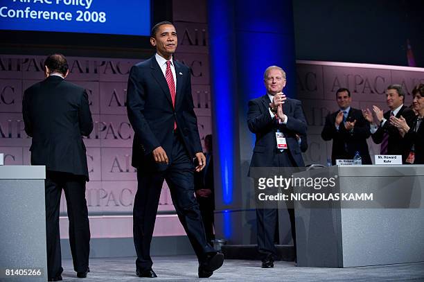 Democratic presumptive presidential nominee Illinois Senator Barack Obama arrives to address the policy conference of the American Israel Public...