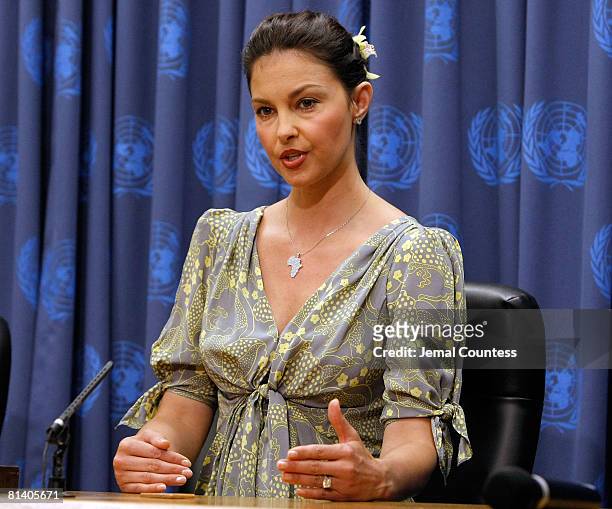 Actress Ashely Judd attends and speaks at a press conference following a special thematic debate at the United Nations to focus global attention on...