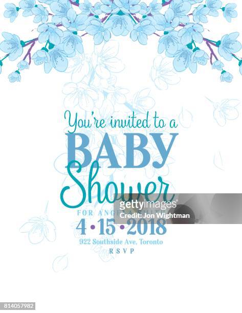 ilustrações, clipart, desenhos animados e ícones de mão desenhada bebê chuveiro convite com flor de cerejeira - chá de bebê