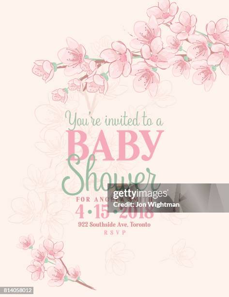 hand drawn baby shower invitation with cherry blossom - baby invitation shower stock illustrations